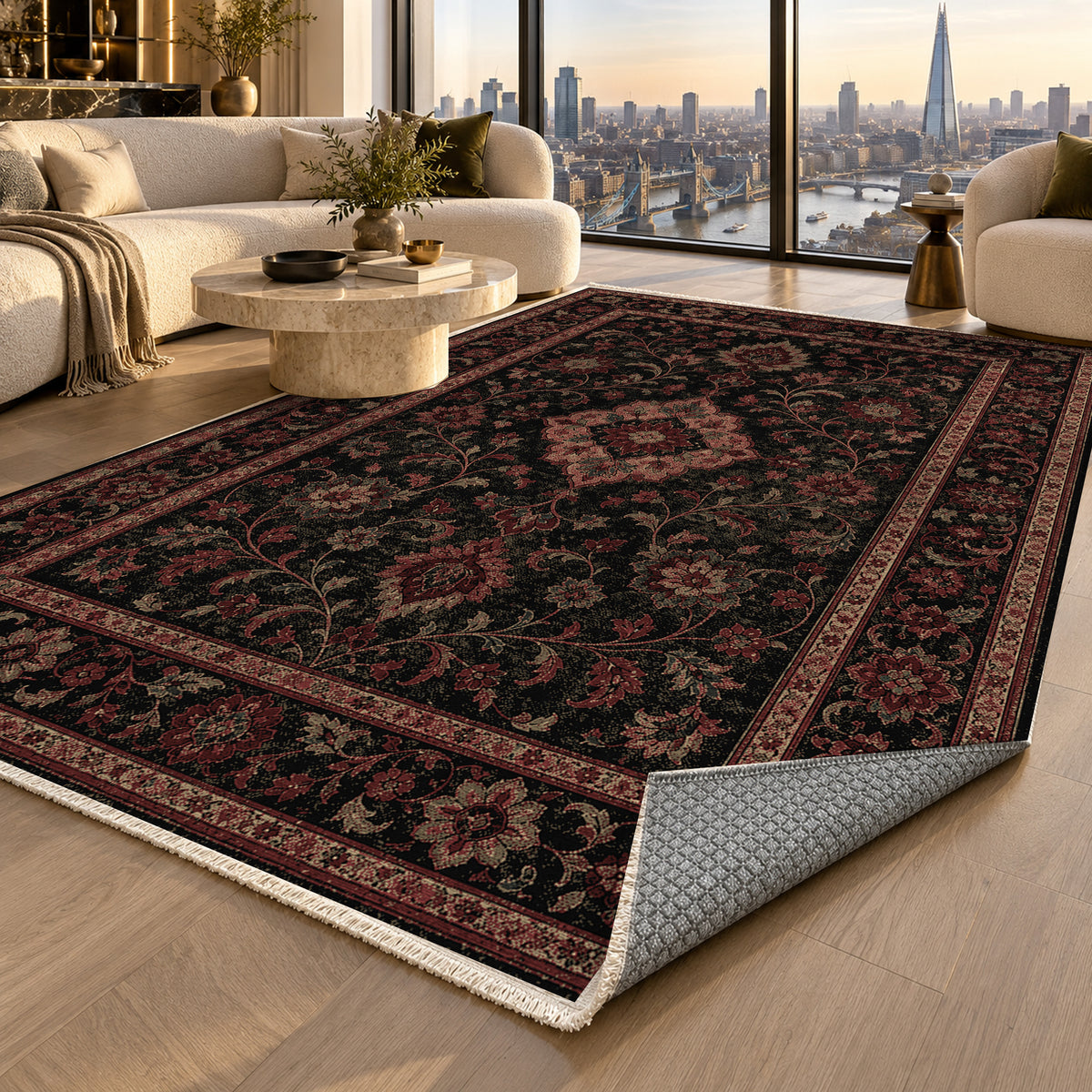 Kashan Charcoal Classic Washable Rug — london luxury living
