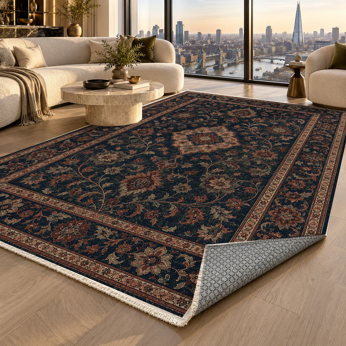 Kashan Indigo Classic Washable Rug — london luxury living