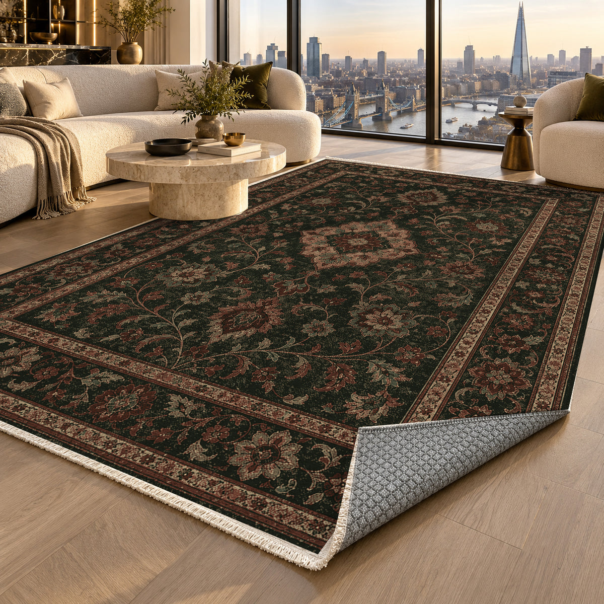 Kashan Olive Classic Washable Rug — london luxury living