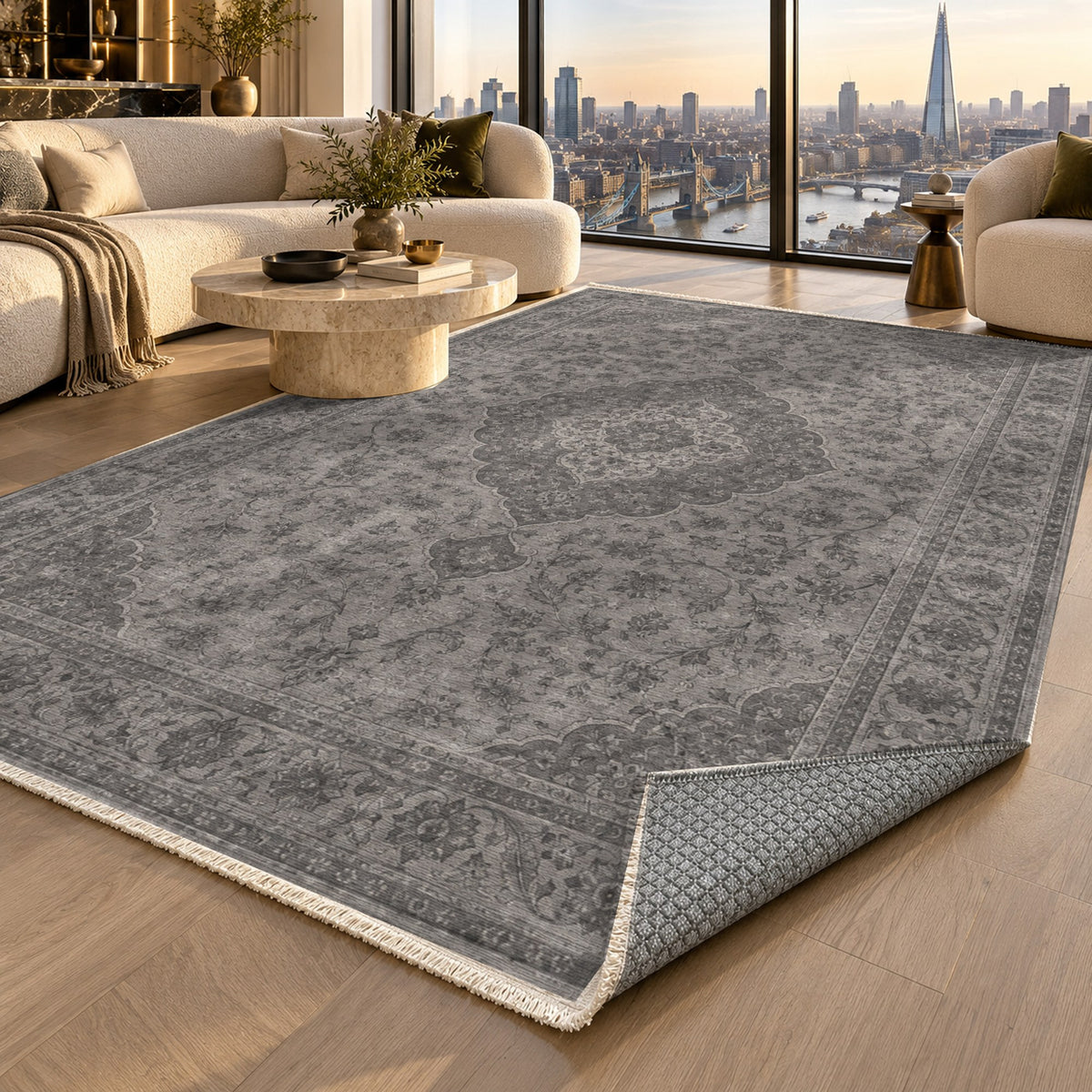 Kashan Veil Charcoal Silver Vintage Washable Rug — london luxury living