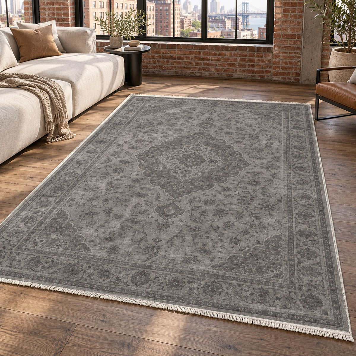 Kashan Veil Charcoal Silver Vintage Washable Rug — new york living
