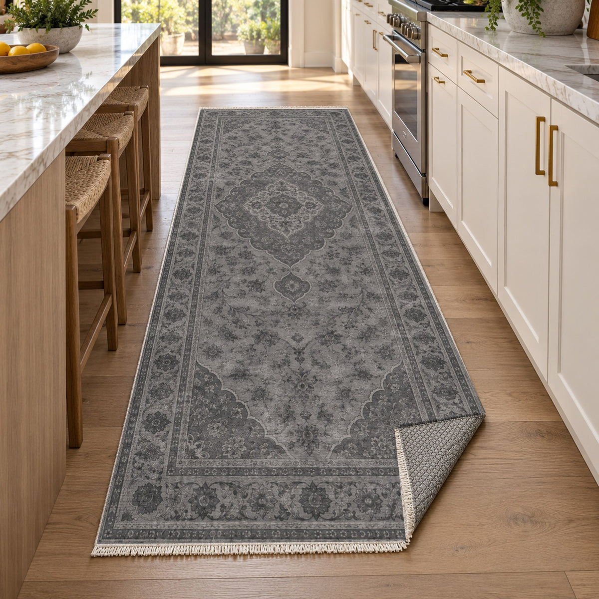 Kashan Veil Charcoal Silver Vintage Washable Rug — new york kitchen runner
