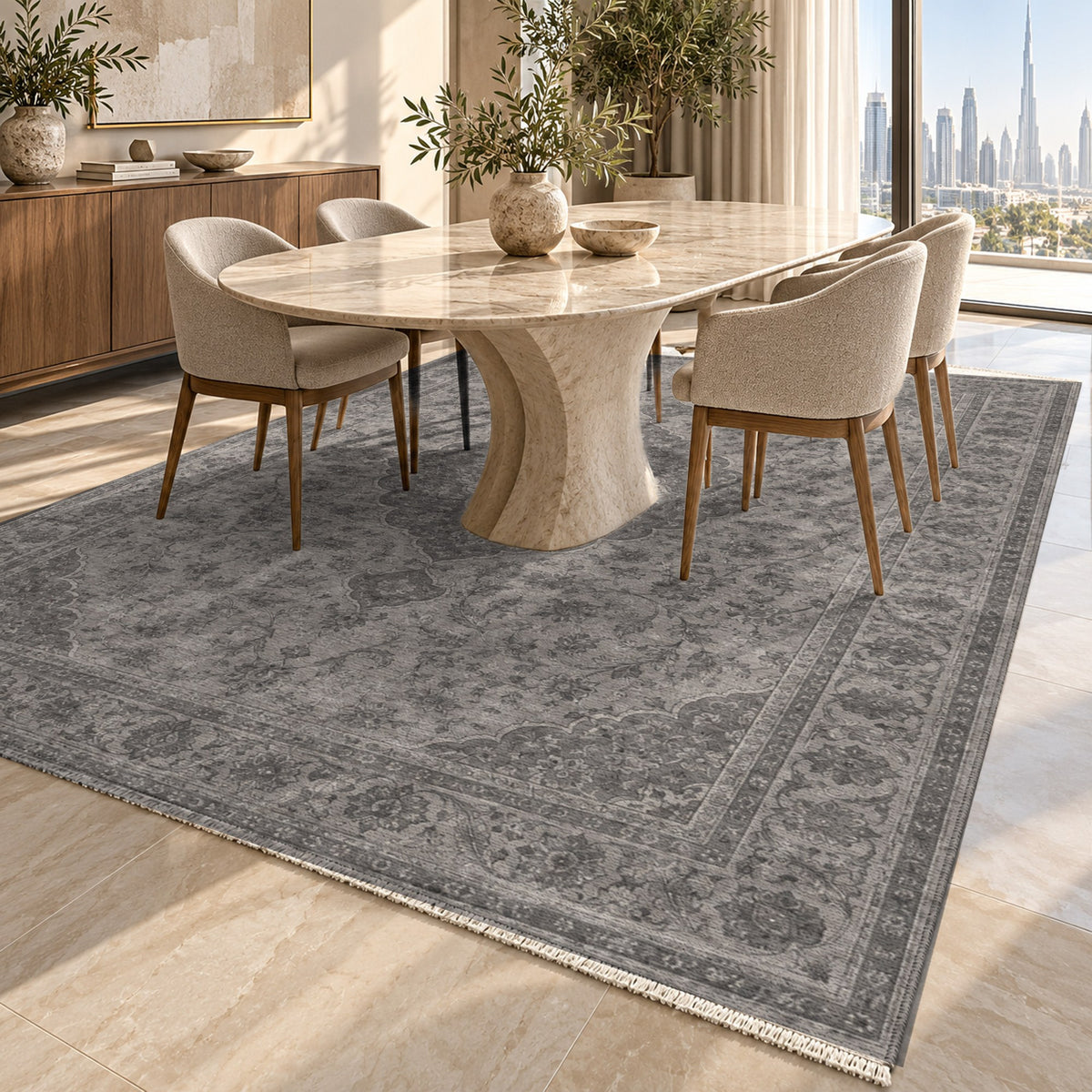 Kashan Veil Charcoal Silver Vintage Washable Rug — dubai dining