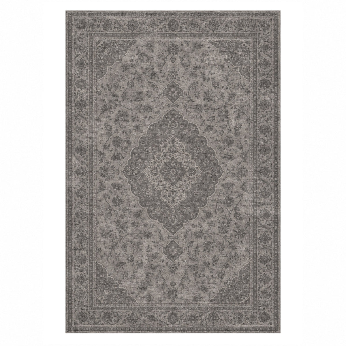 Kashan Veil Charcoal Silver Vintage Washable Rug — top view