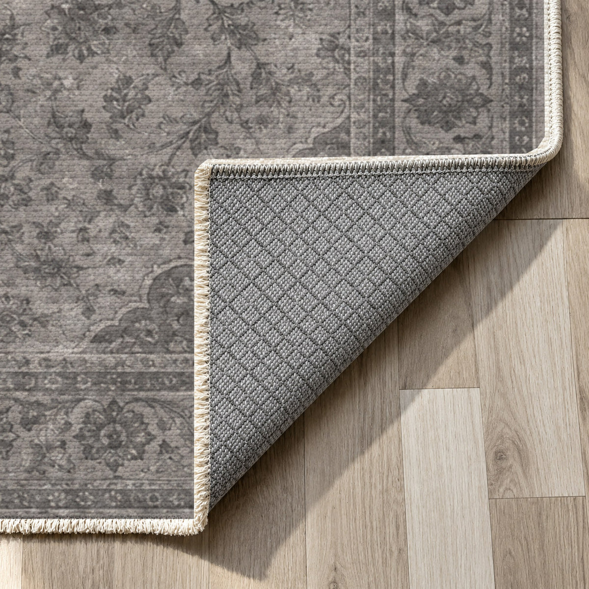 Kashan Veil Charcoal Silver Vintage Washable Rug — backing close up