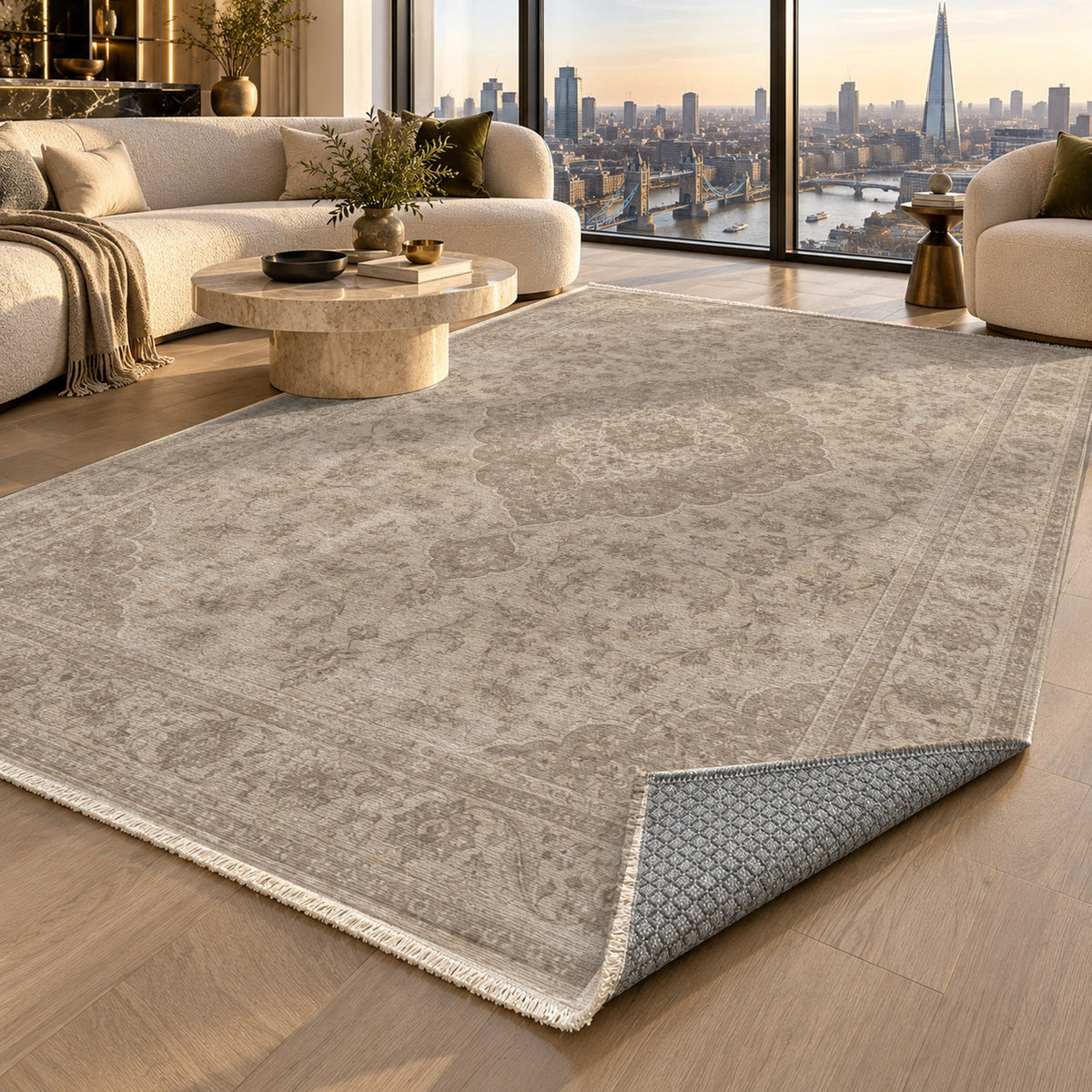 Kashan Veil Ivory Taupe Vintage Washable Rug — london luxury living