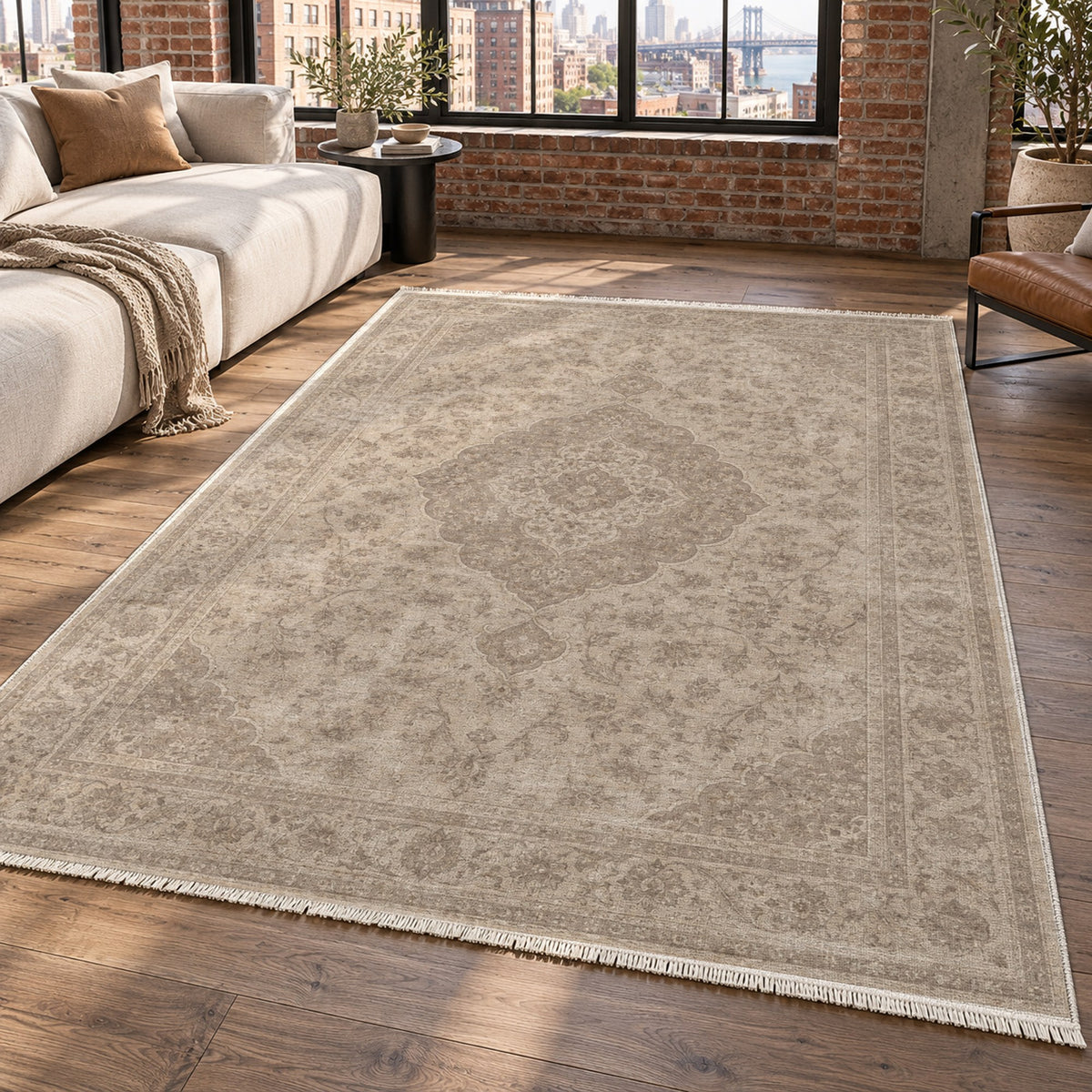 Kashan Veil Ivory Taupe Vintage Washable Rug — new york living