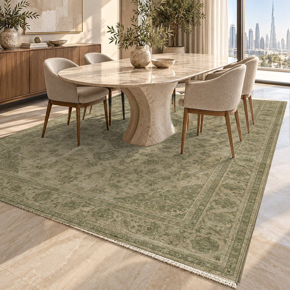 Kashan Veil Olive Green Vintage Washable Rug — dubai dining