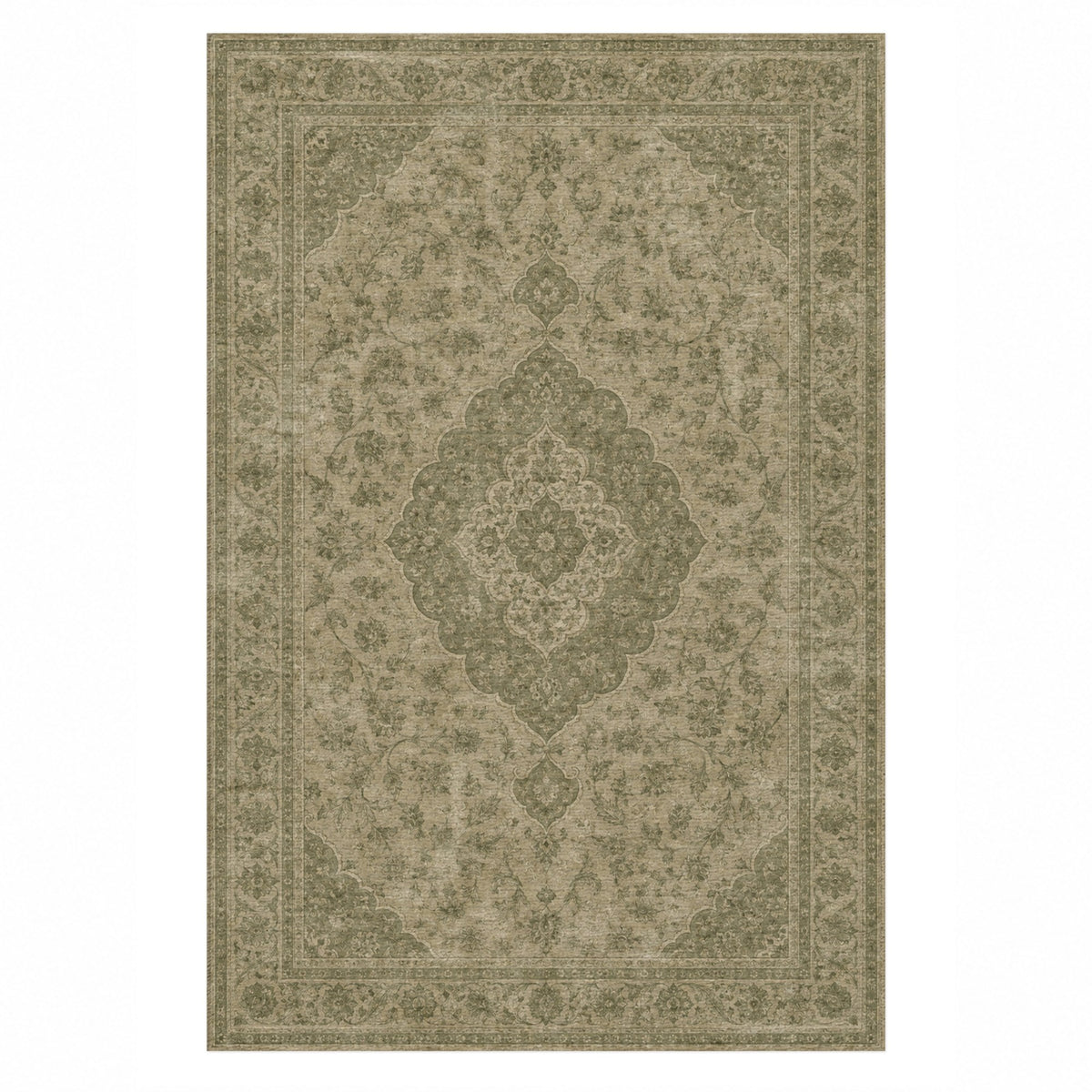Kashan Veil Olive Green Vintage Washable Rug — top view