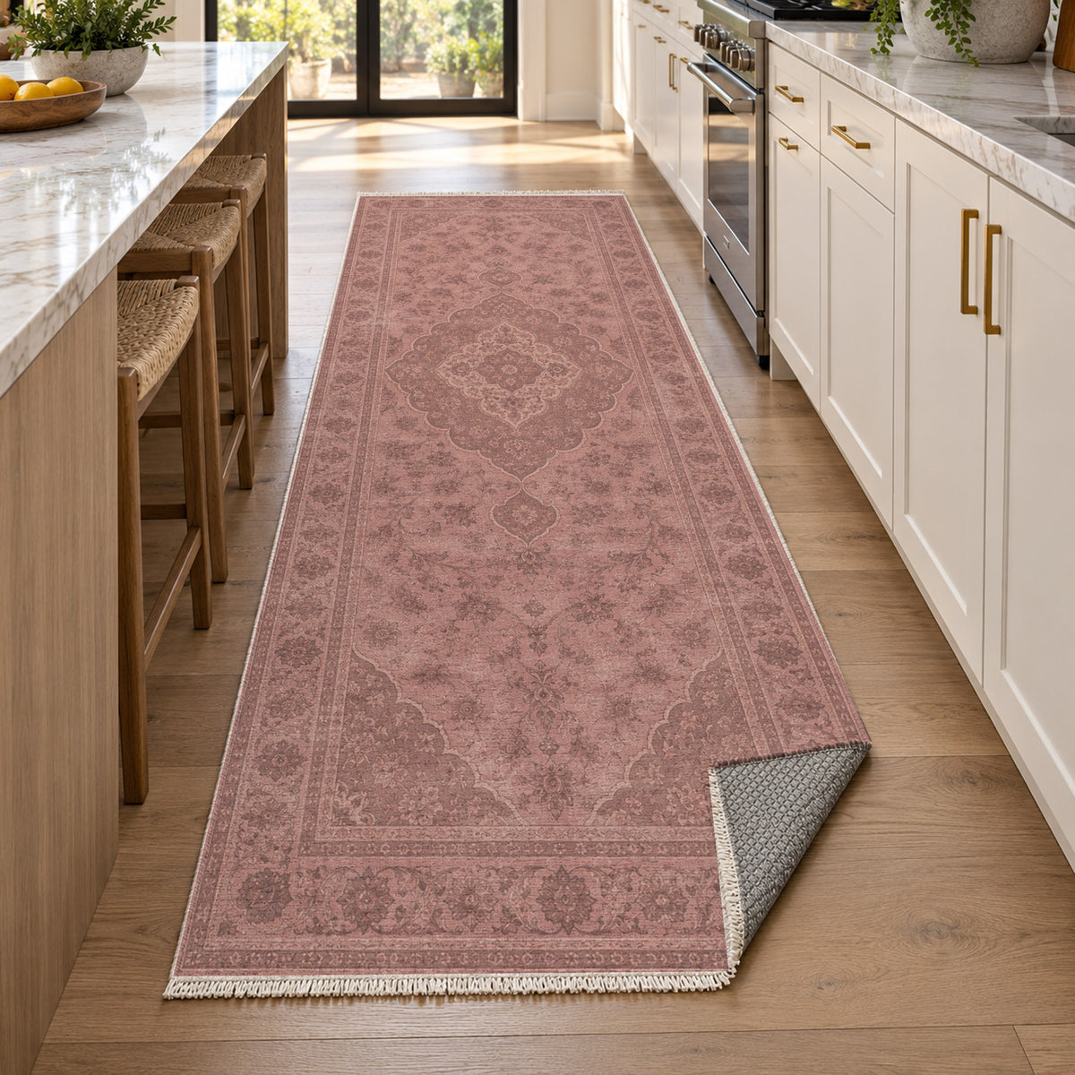 Kashan Veil Rose Pink Vintage Washable Rug — new york kitchen runner