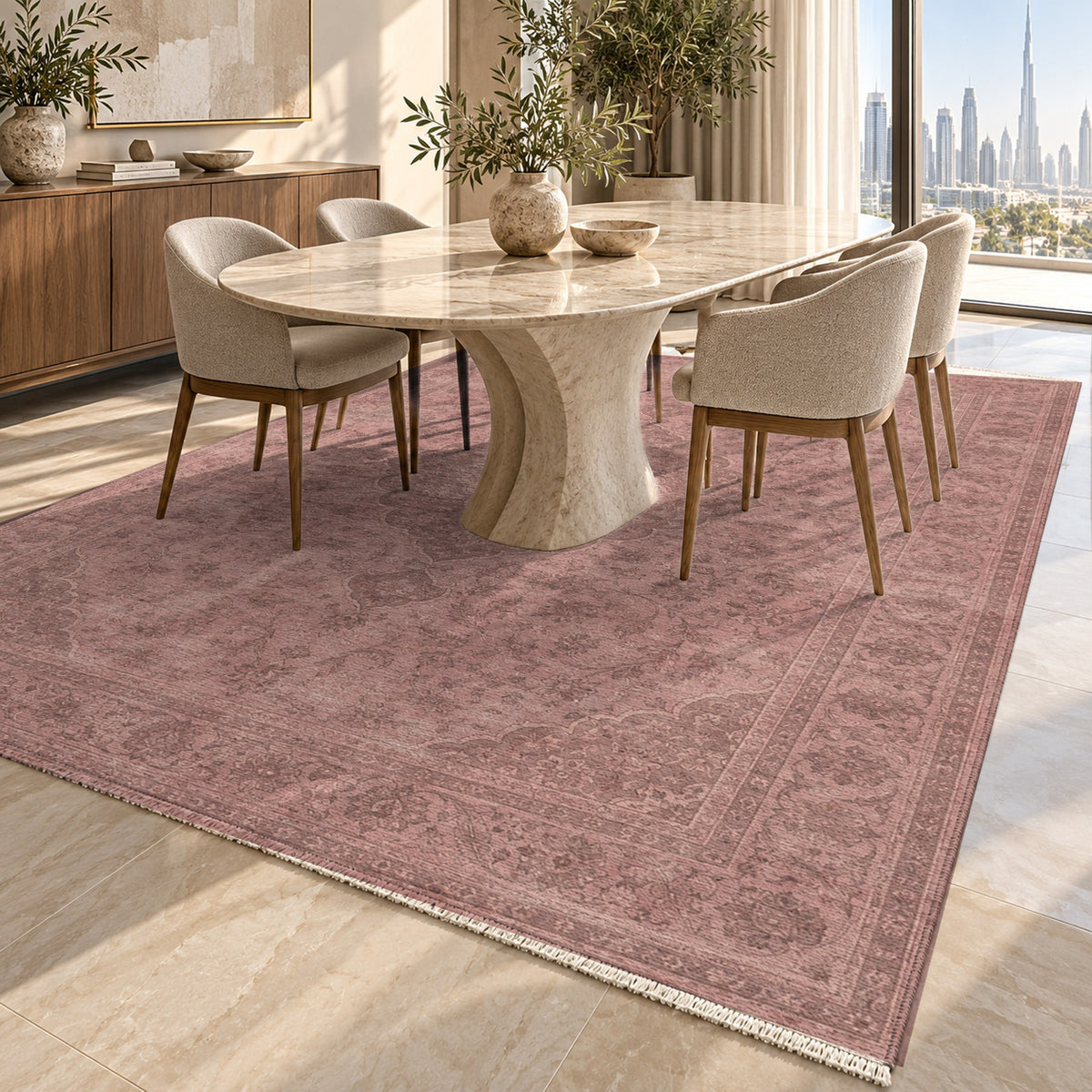 Kashan Veil Rose Pink Vintage Washable Rug — dubai dining