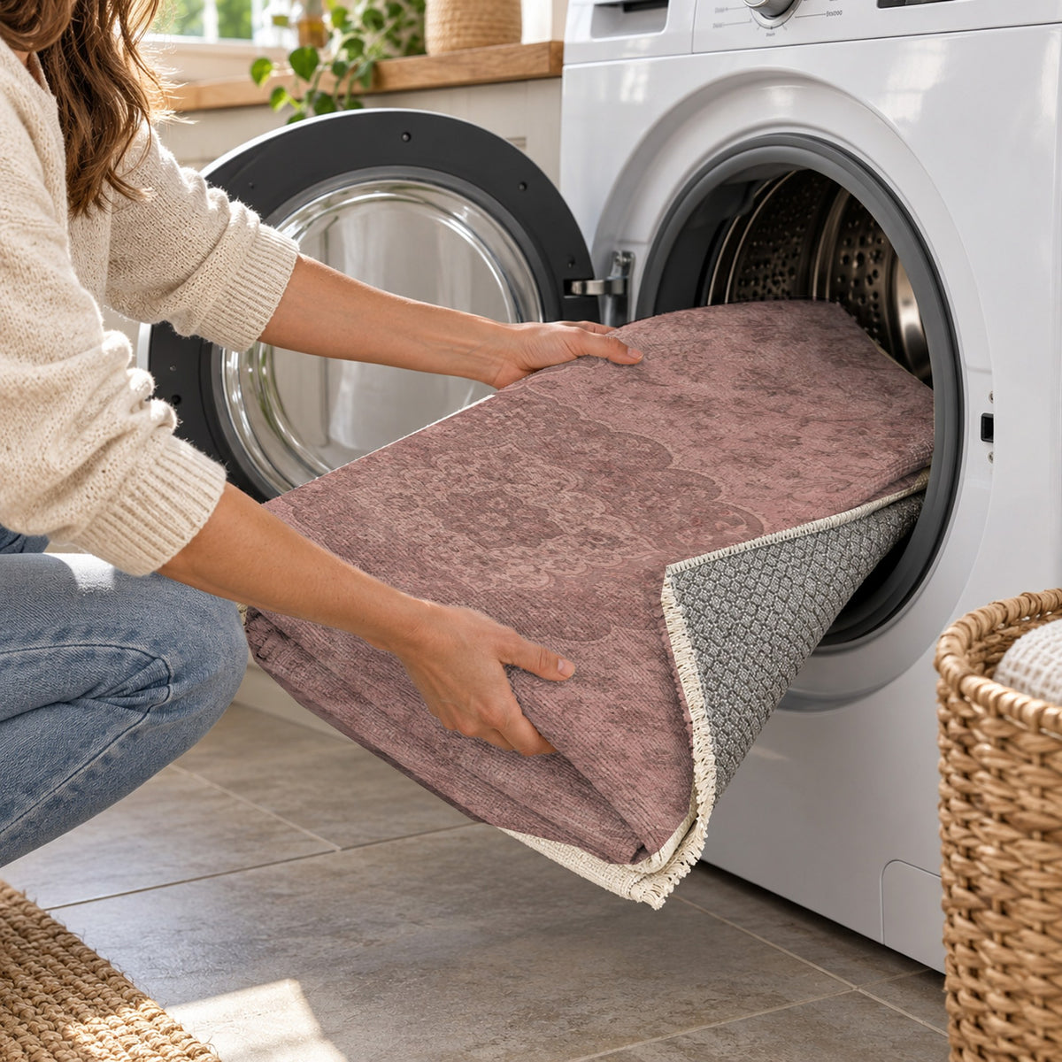 Kashan Veil Rose Pink Vintage Washable Rug — washing machine