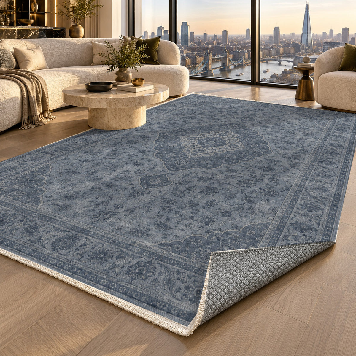 Kashan Veil Slate Blue Vintage Washable Rug — london luxury living