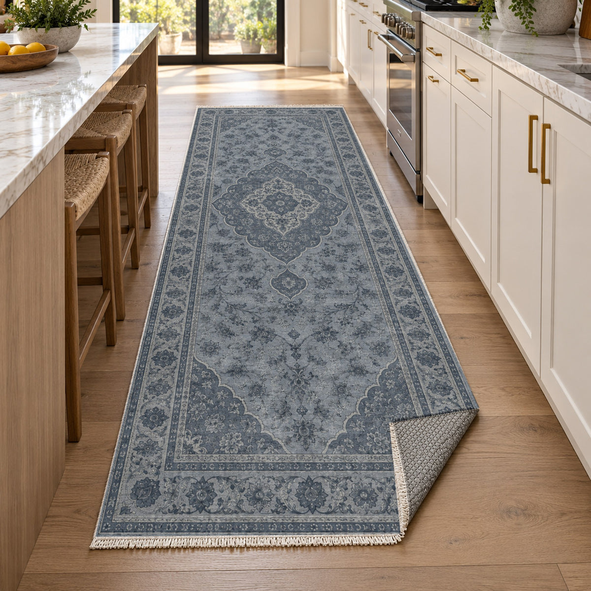 Kashan Veil Slate Blue Vintage Washable Rug — new york kitchen runner