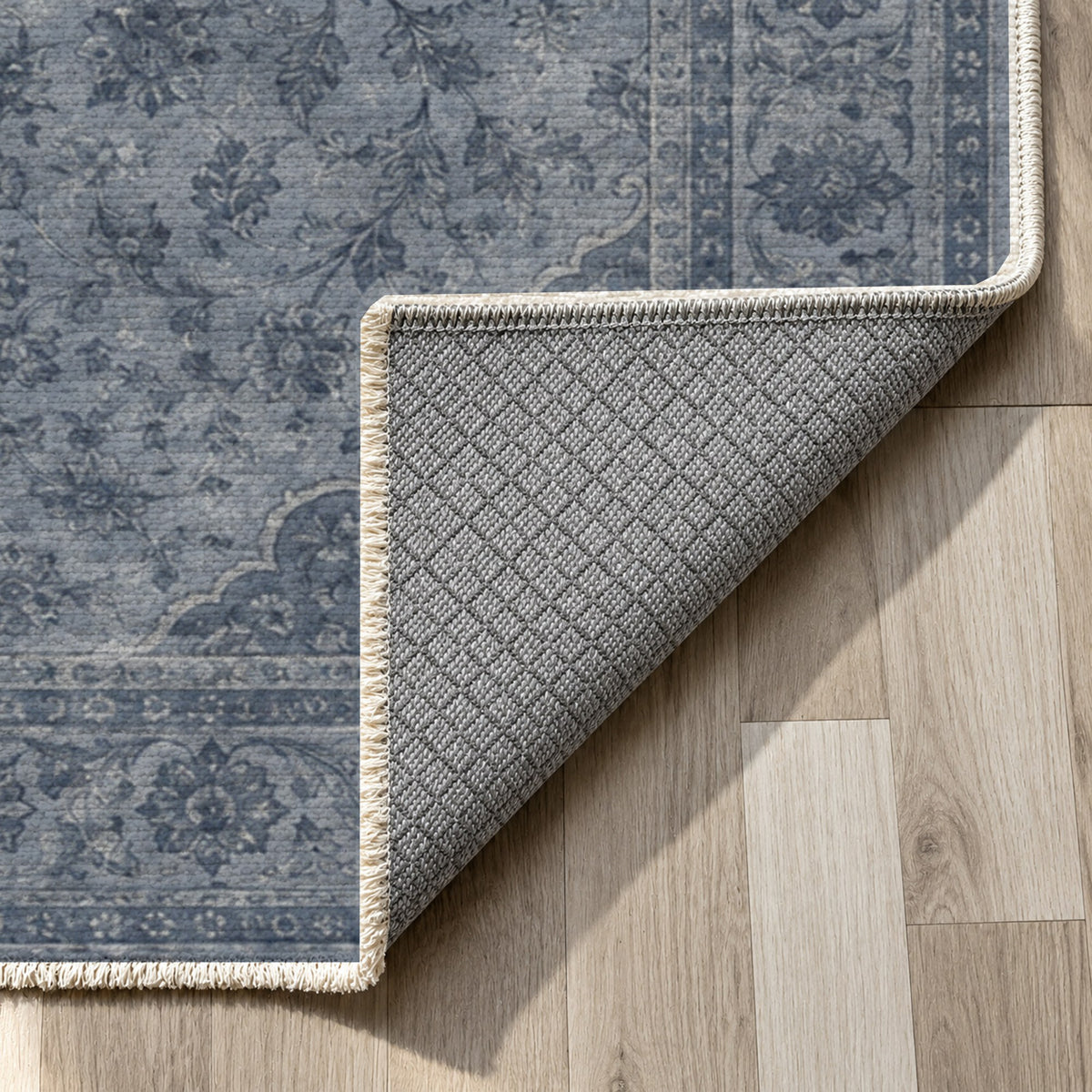 Kashan Veil Slate Blue Vintage Washable Rug — backing close up