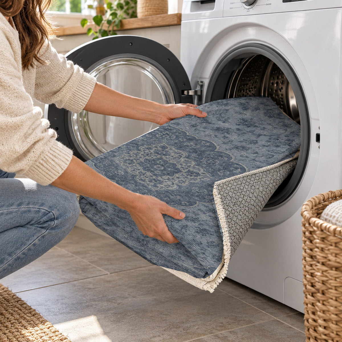 Kashan Veil Slate Blue Vintage Washable Rug — washing machine