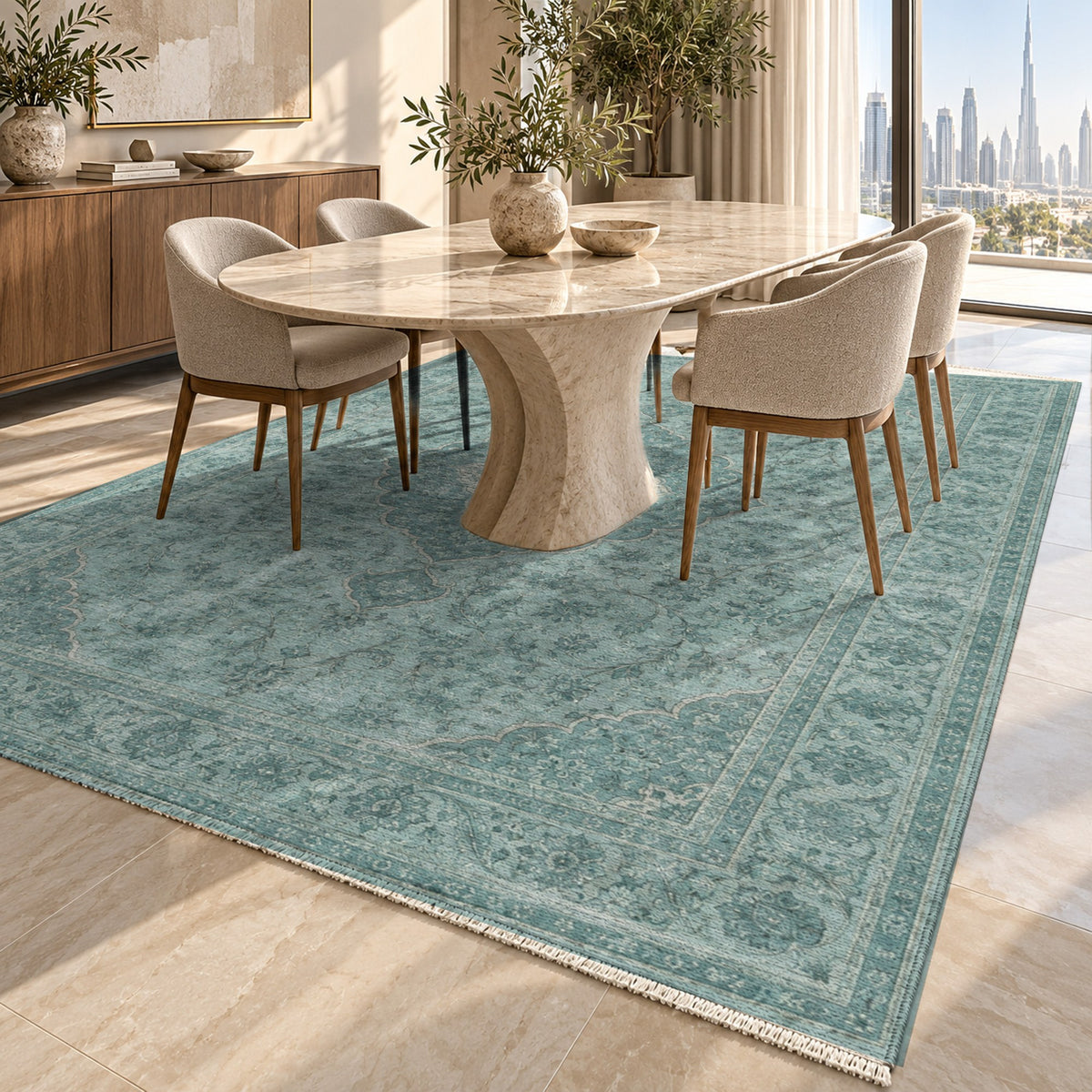 Kashan Veil Turquoise Blue Vintage Washable Rug — dubai dining