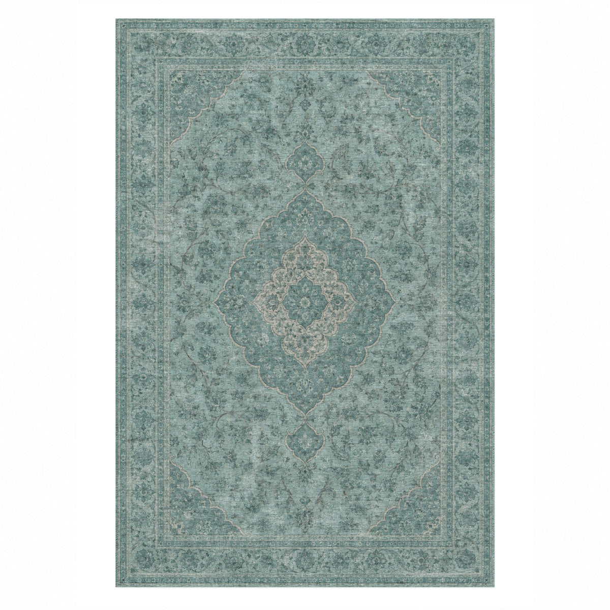 Kashan Veil Turquoise Blue Vintage Washable Rug — top view
