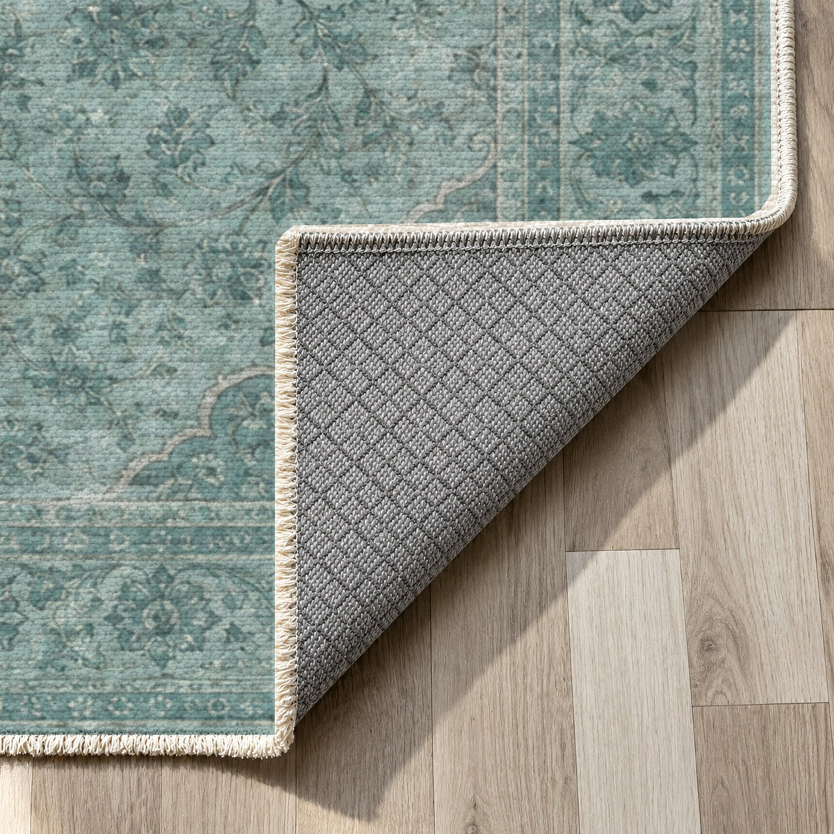 Kashan Veil Turquoise Blue Vintage Washable Rug — backing close up