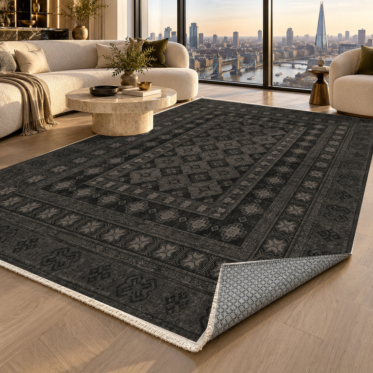 Kayseri Charcoal Classic Washable Rug — london luxury living