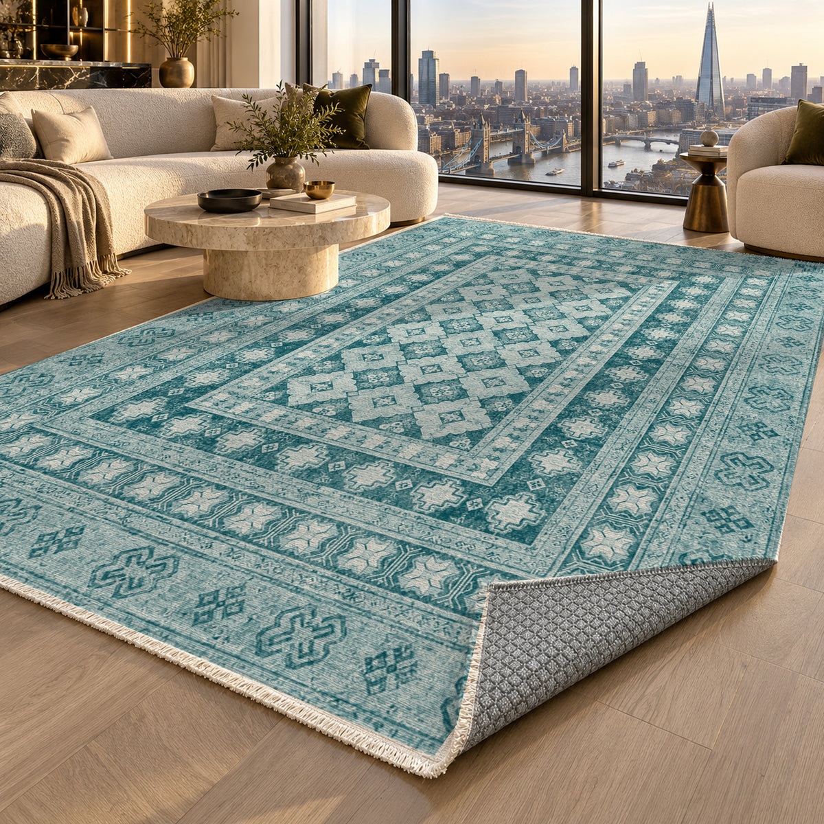 Kayseri Teal Classic Washable Rug — london luxury living