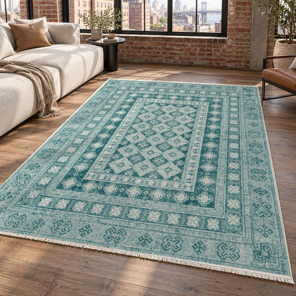 Kayseri Teal Classic Washable Rug — new york living