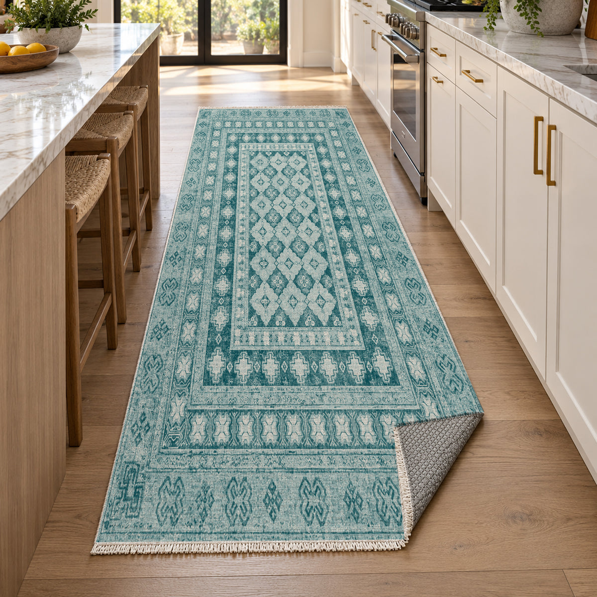 Kayseri Teal Classic Washable Rug — new york kitchen runner