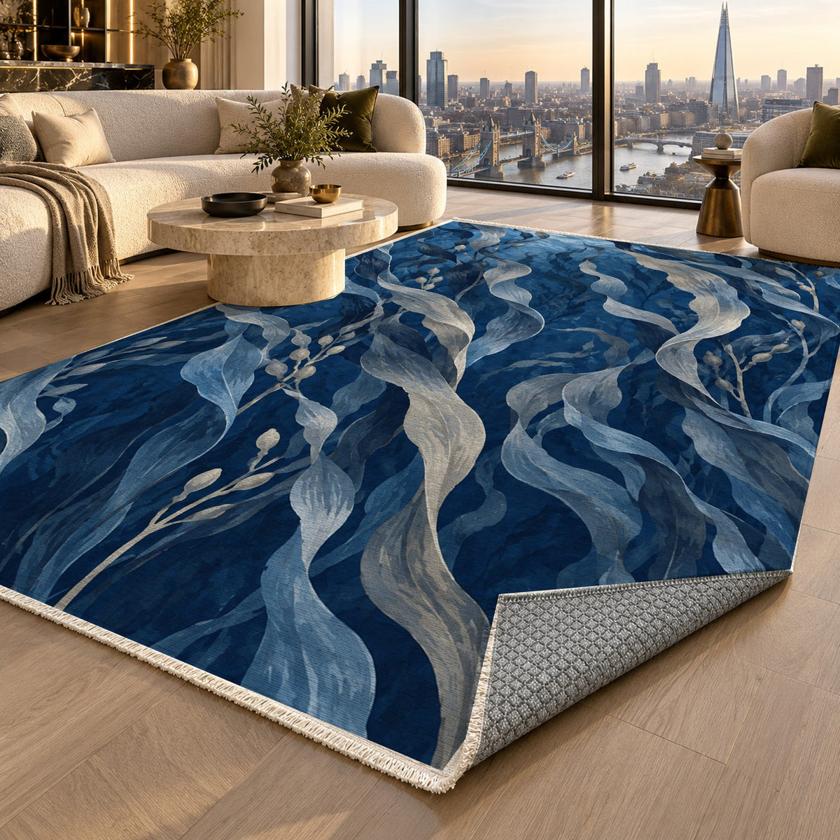 Kelp Forest Indigo Abstract Washable Rug — london luxury living