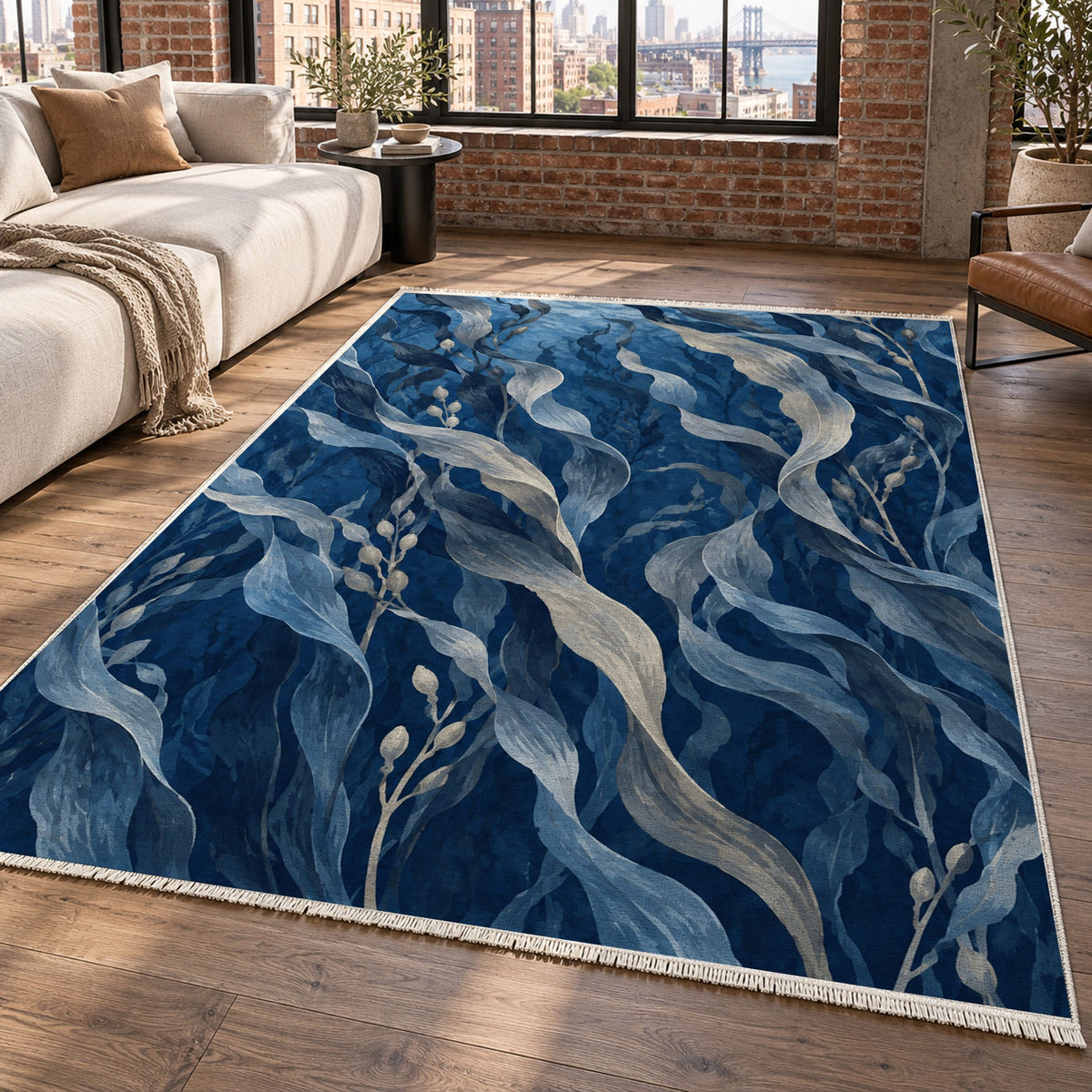 Kelp Forest Indigo Abstract Washable Rug — new york living