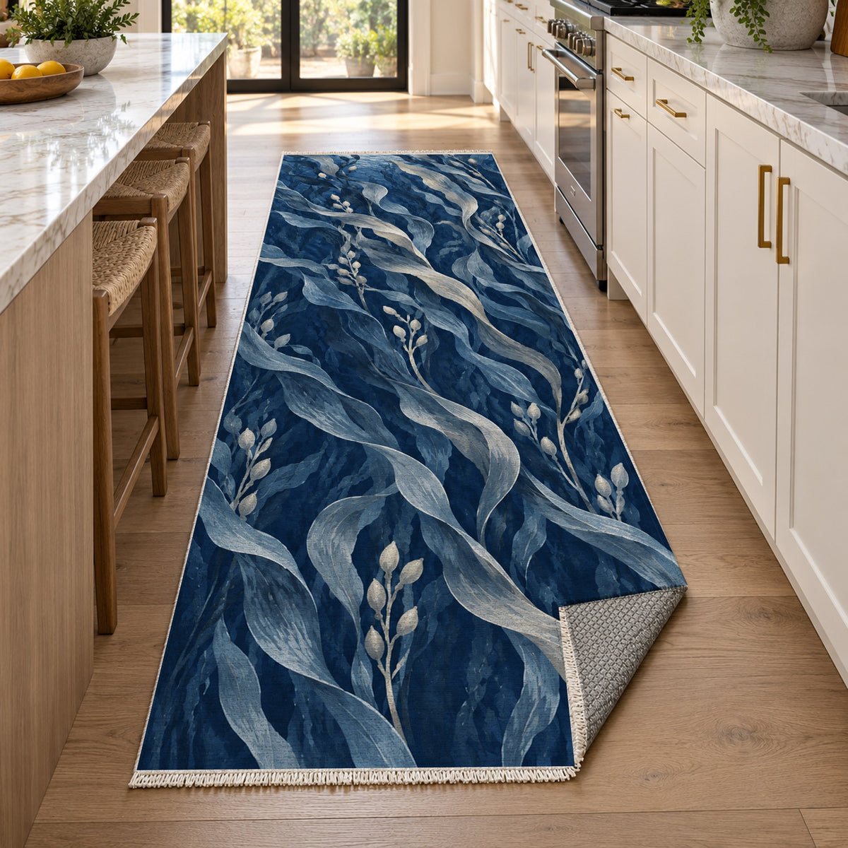 Kelp Forest Indigo Abstract Washable Rug — new york kitchen runner