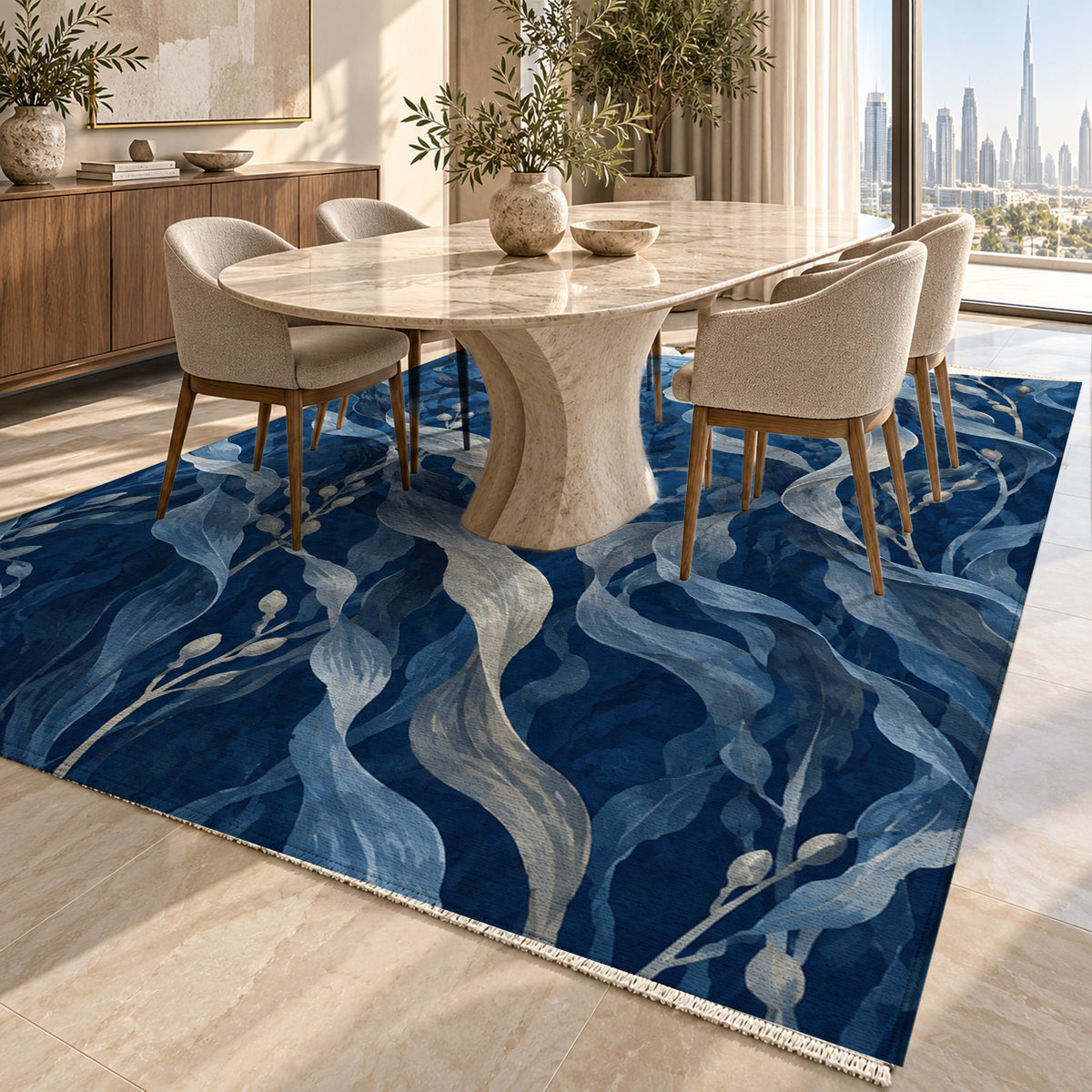 Kelp Forest Indigo Abstract Washable Rug — dubai dining