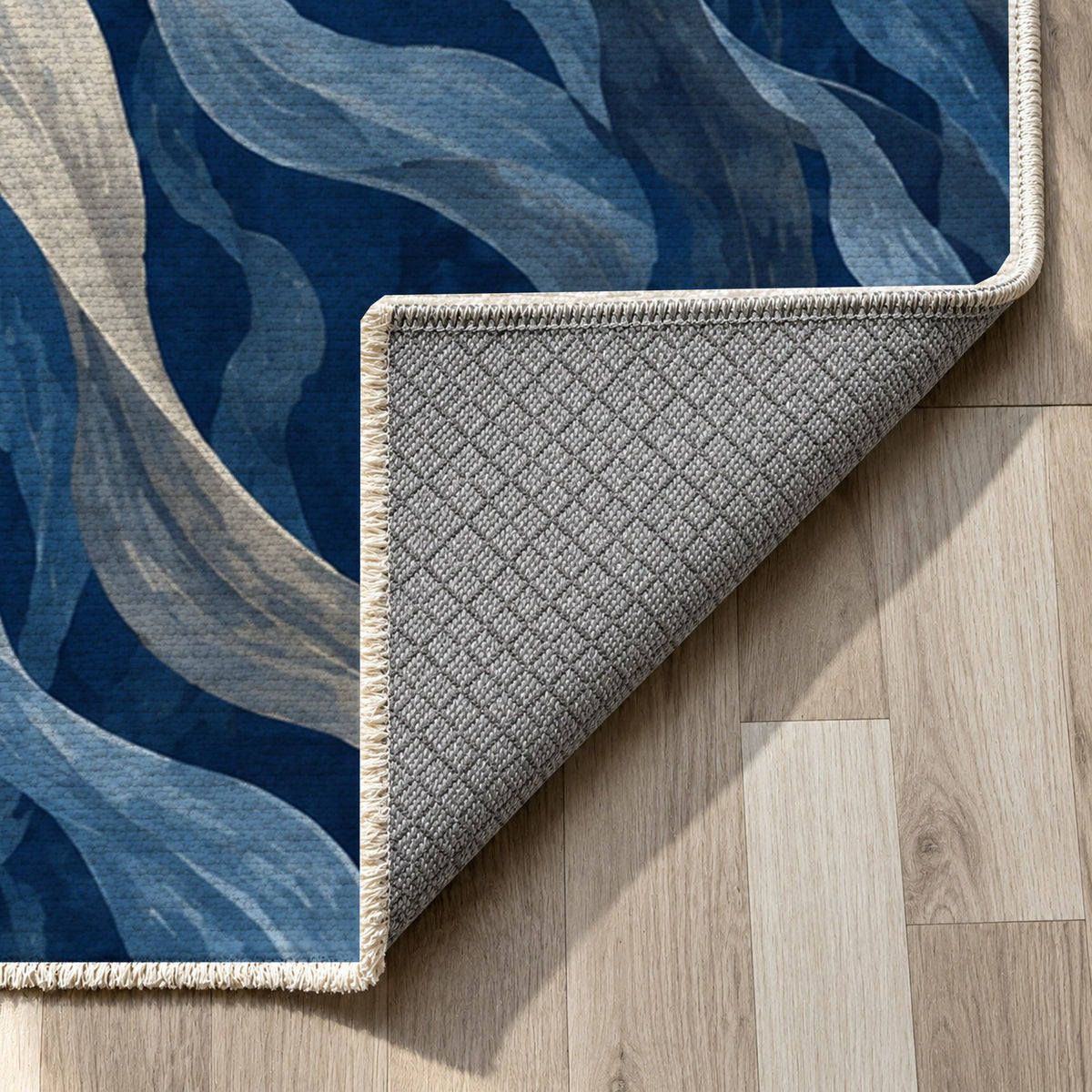 Kelp Forest Indigo Abstract Washable Rug — backing close up