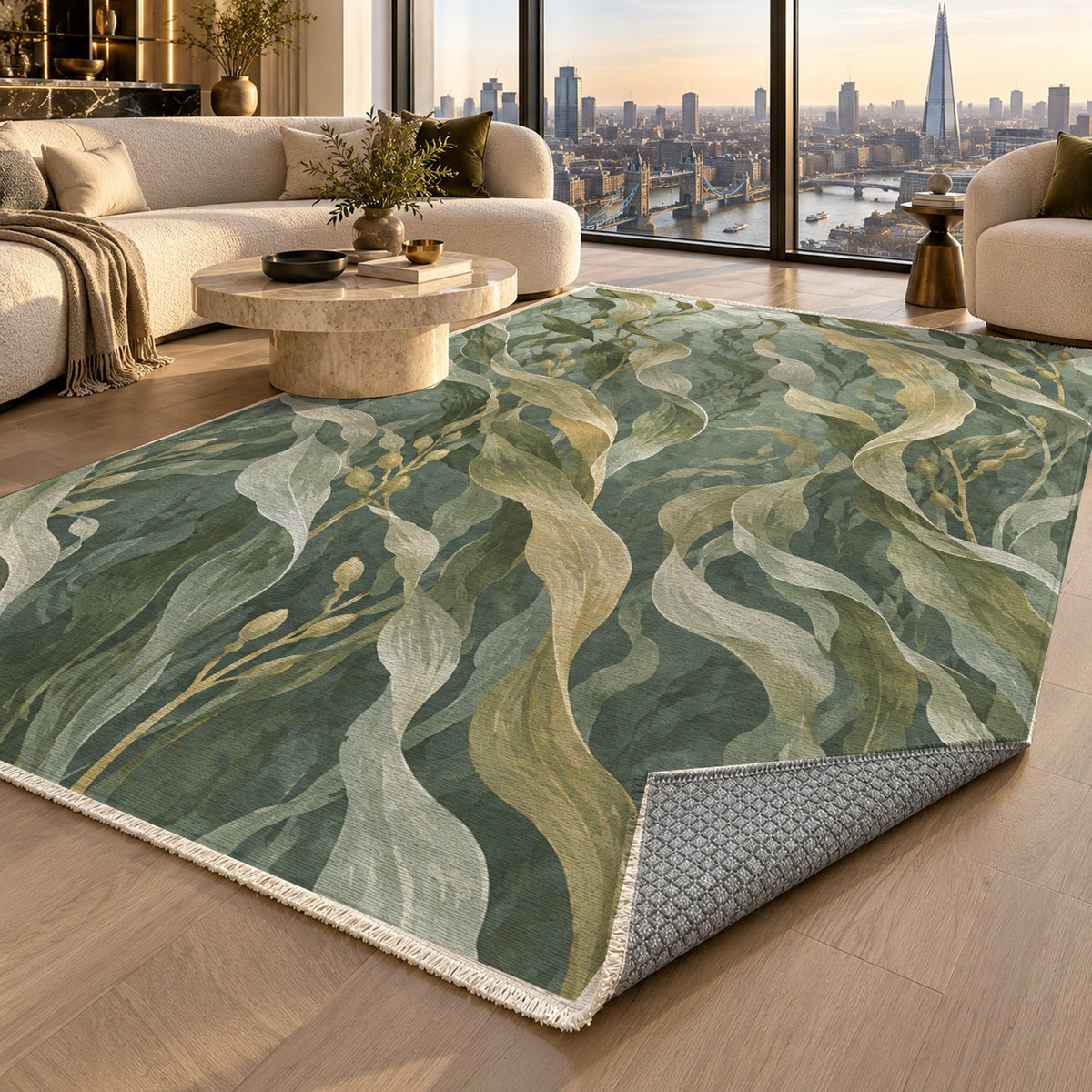 Kelp Forest Sage Abstract Washable Rug — london luxury living