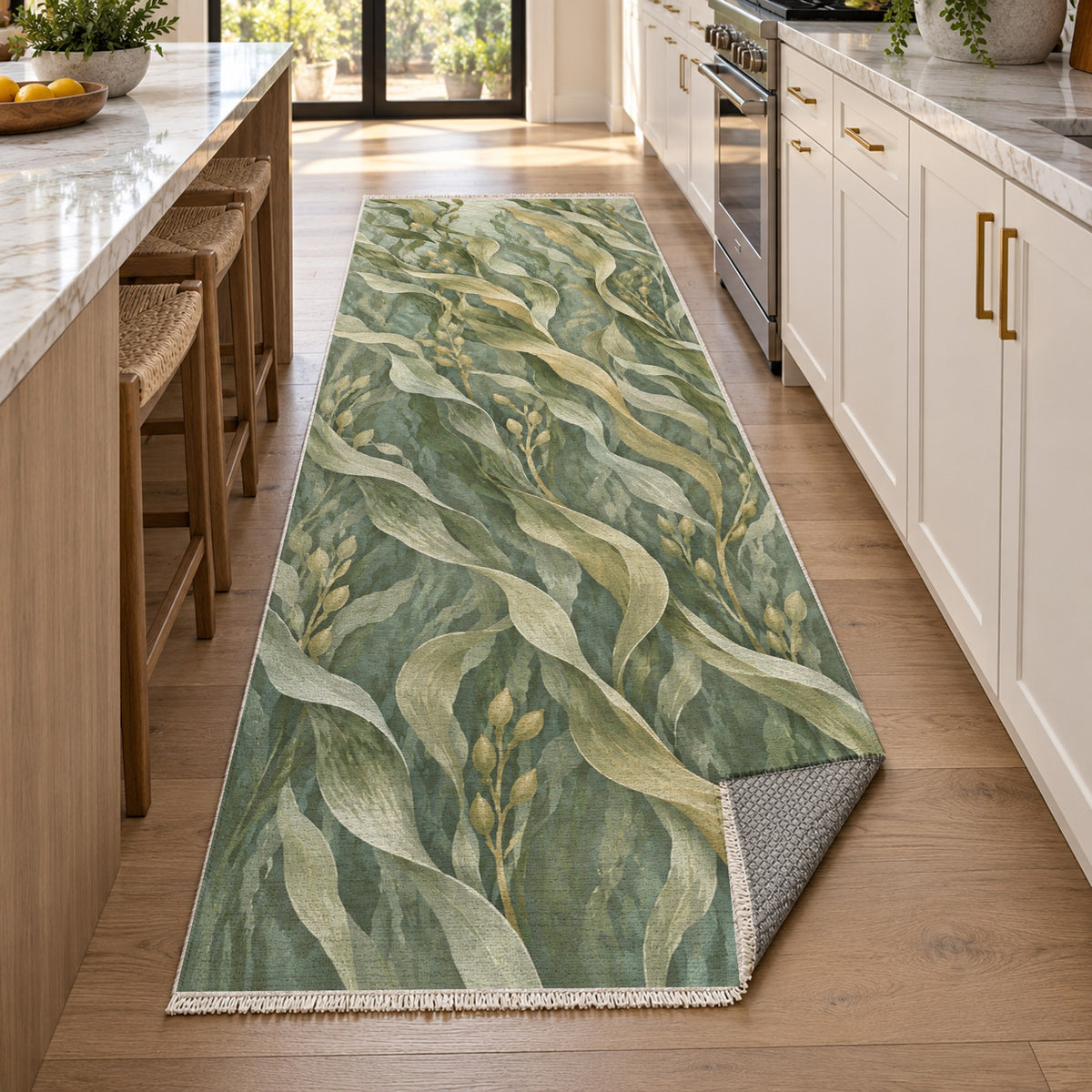 Kelp Forest Sage Abstract Washable Rug — new york kitchen runner