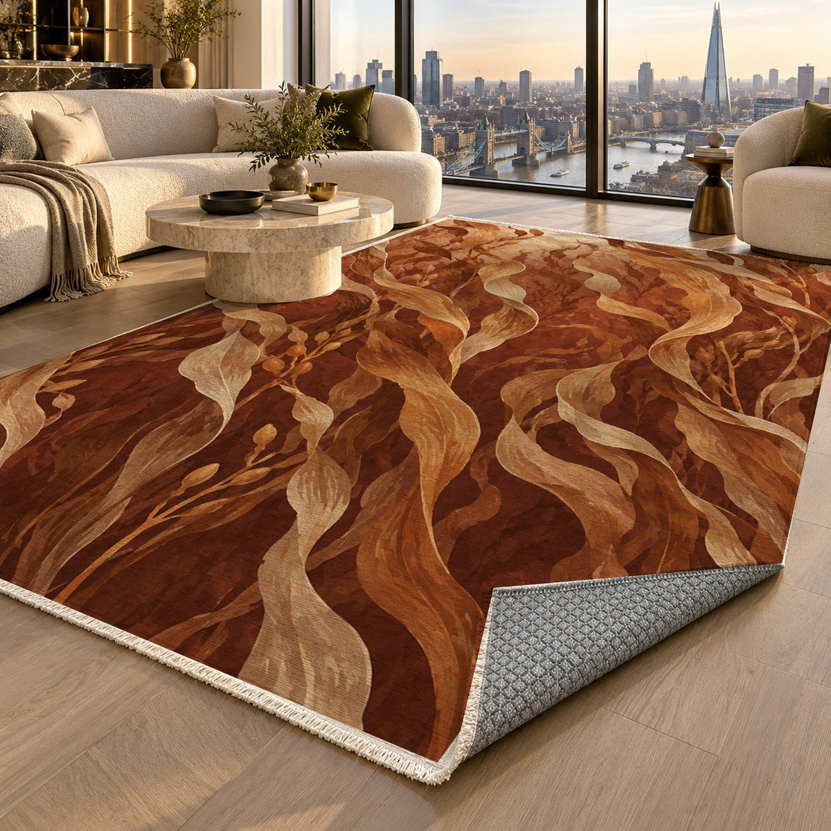 Kelp Forest Terracotta Abstract Washable Rug — london luxury living