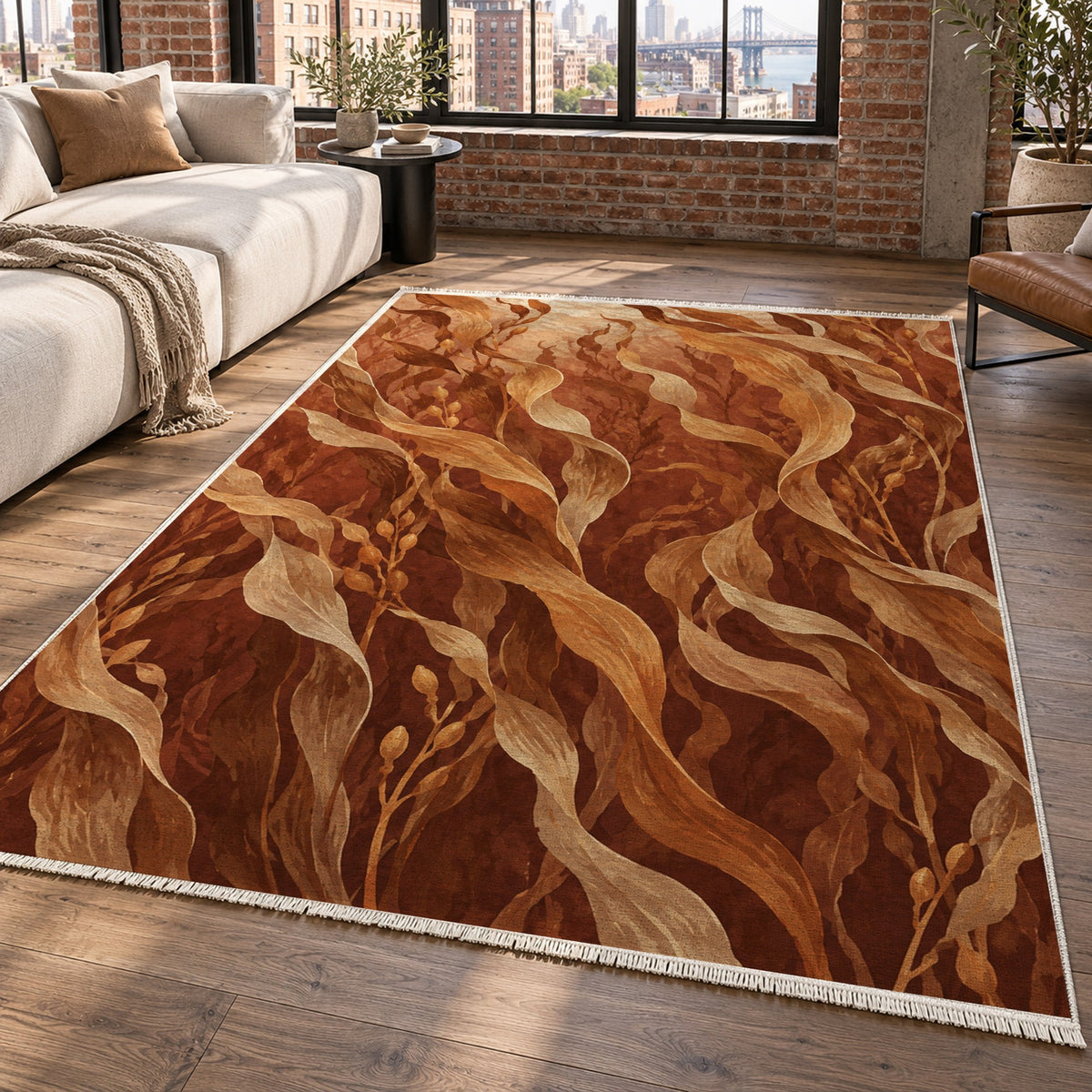 Kelp Forest Terracotta Abstract Washable Rug — new york living