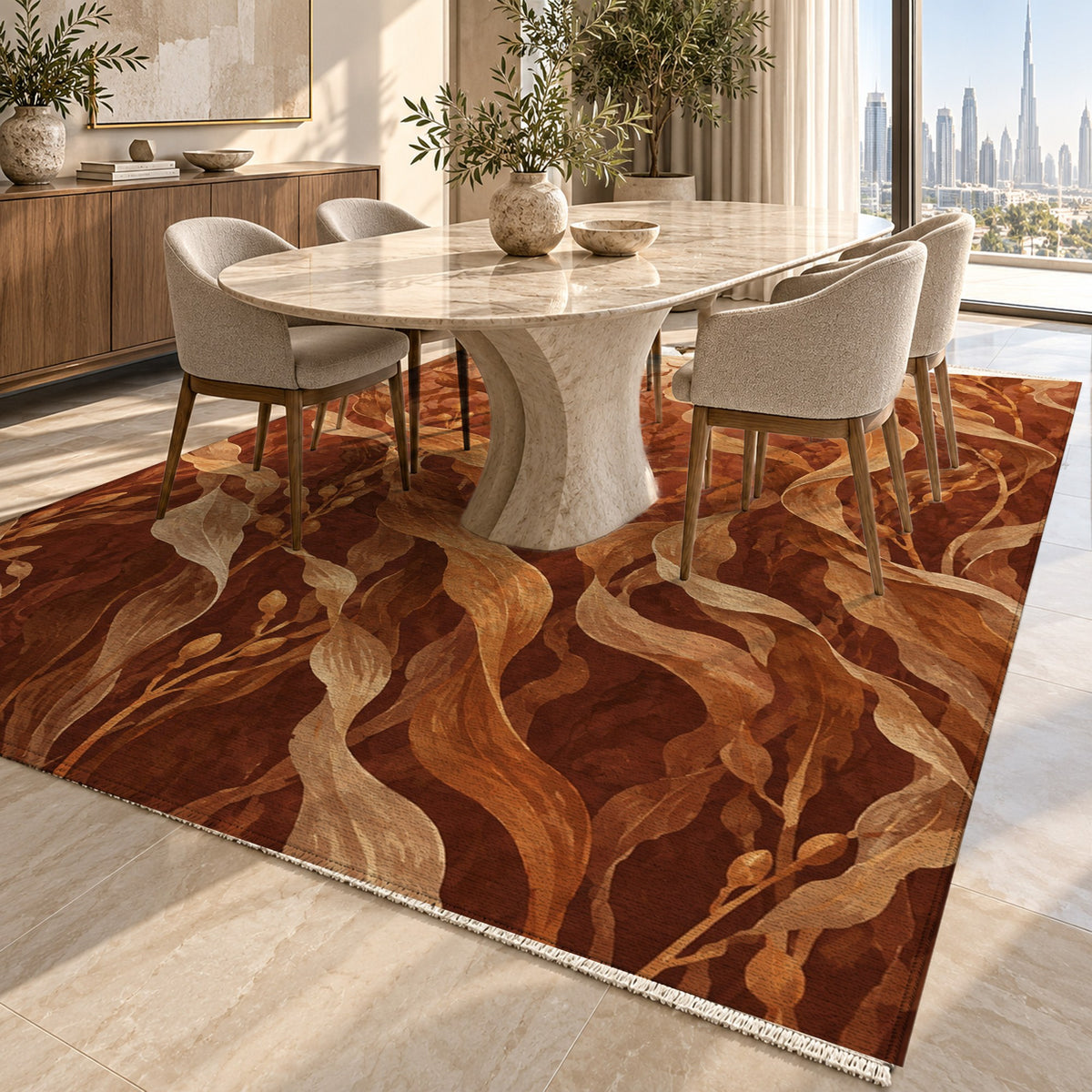 Kelp Forest Terracotta Abstract Washable Rug — dubai dining