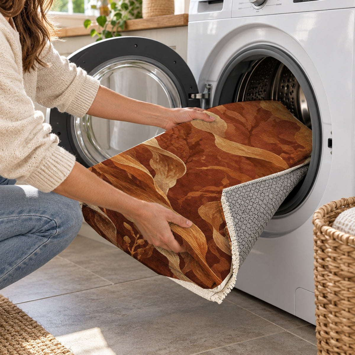 Kelp Forest Terracotta Abstract Washable Rug — washing machine