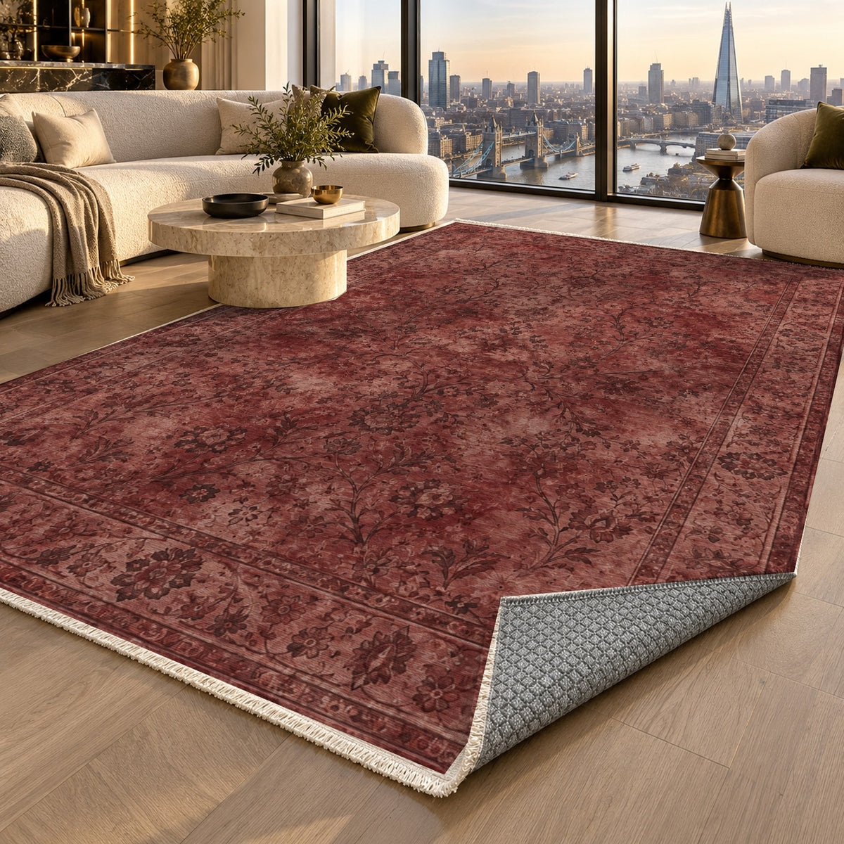 Kerman Cloud Burgundy Red Vintage Washable Rug — london luxury living