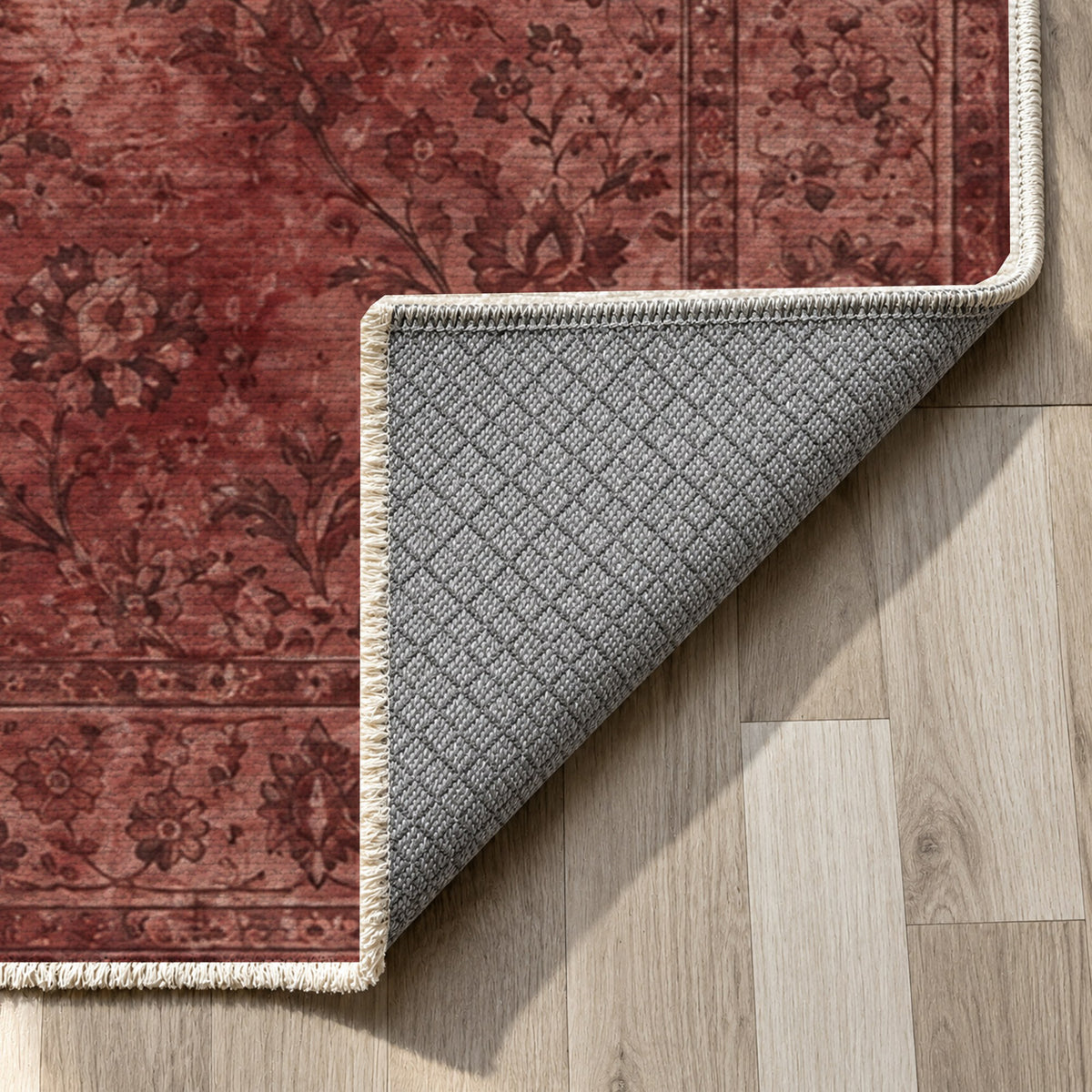 Kerman Cloud Burgundy Red Vintage Washable Rug — backing close up