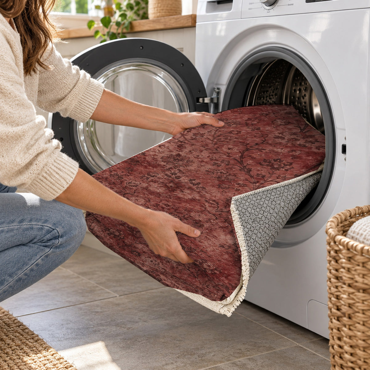 Kerman Cloud Burgundy Red Vintage Washable Rug — washing machine