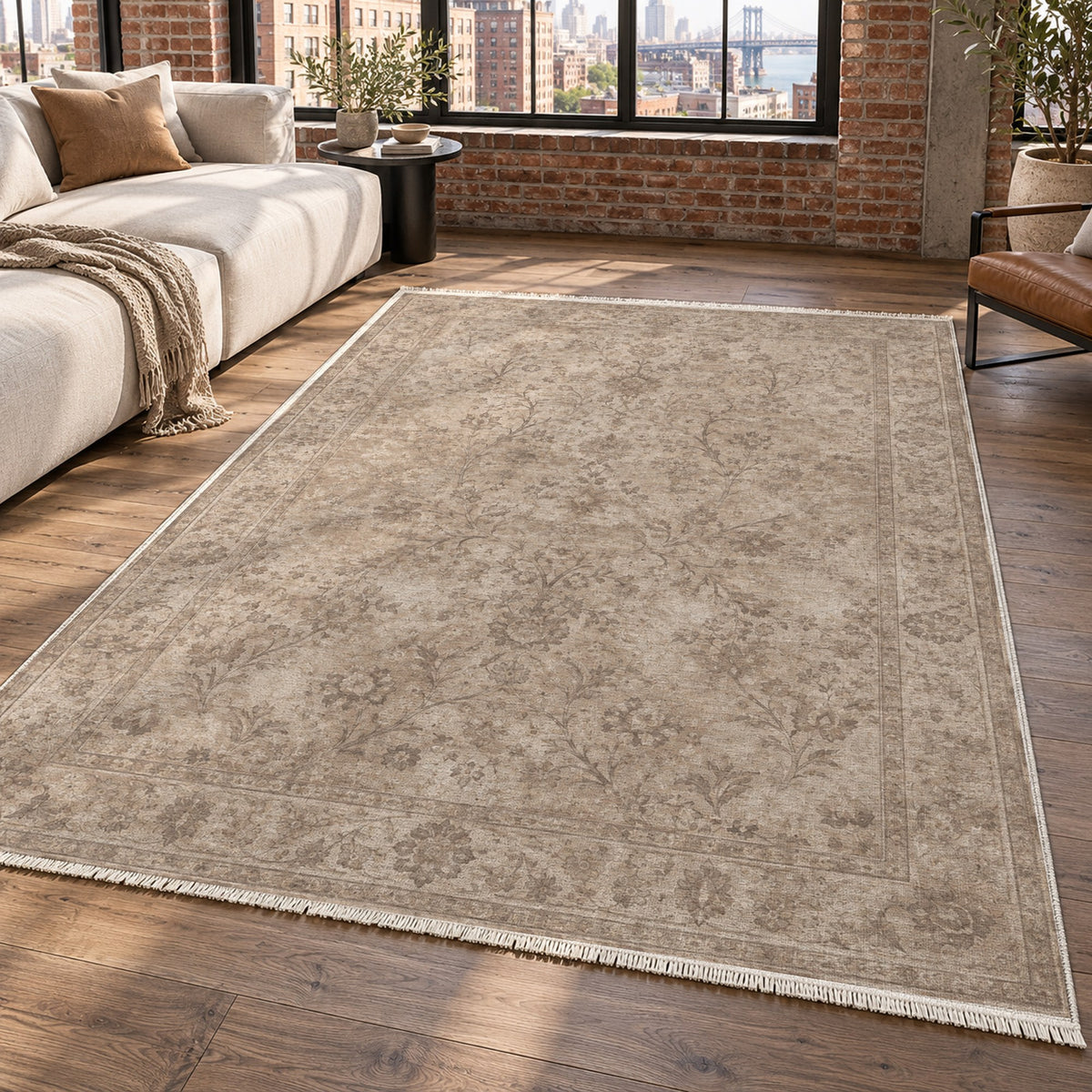 Kerman Cloud Ivory Taupe Vintage Washable Rug — new york living