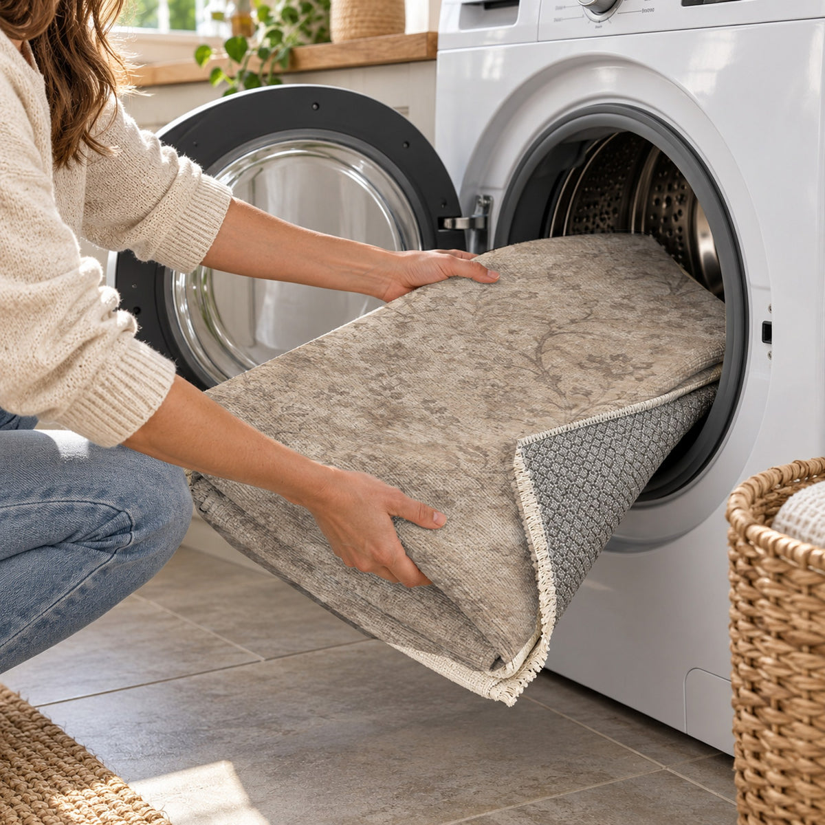 Kerman Cloud Ivory Taupe Vintage Washable Rug — washing machine