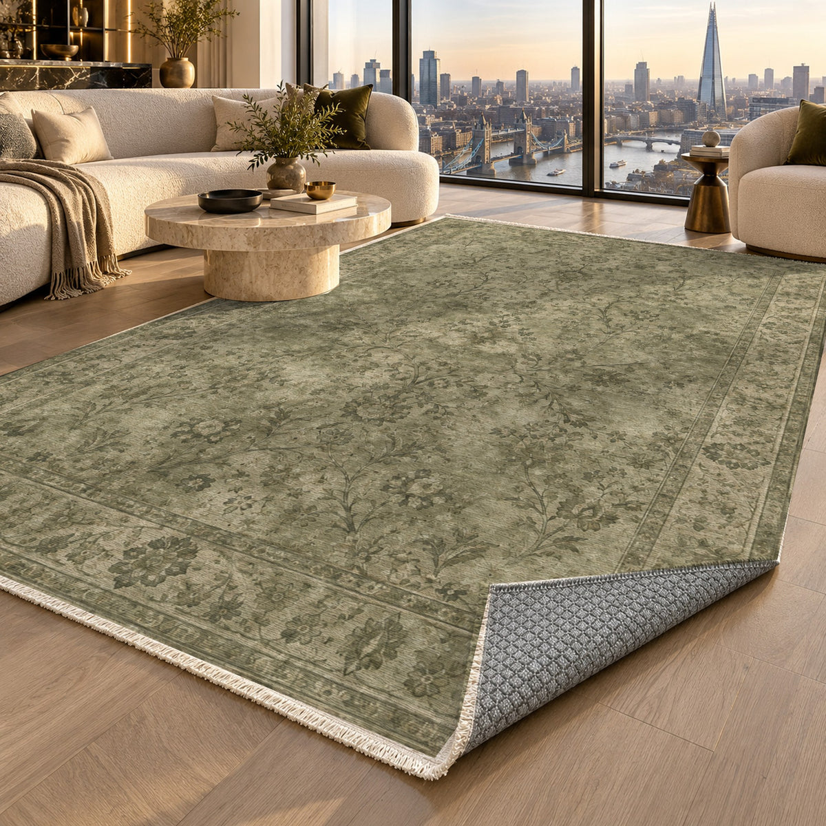 Kerman Cloud Olive Green Vintage Washable Rug — london luxury living