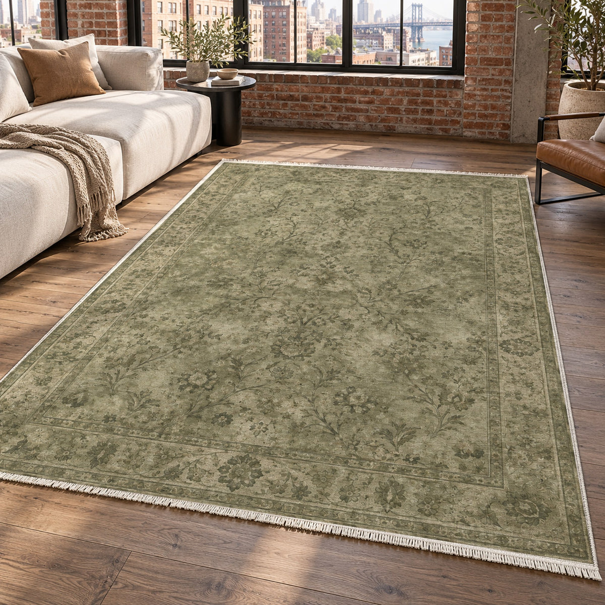 Kerman Cloud Olive Green Vintage Washable Rug — new york living