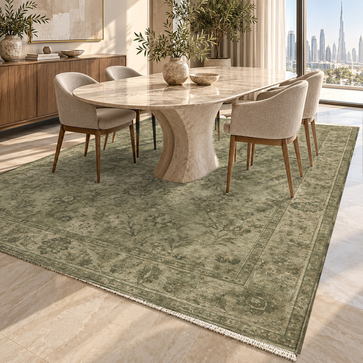 Kerman Cloud Olive Green Vintage Washable Rug — dubai dining