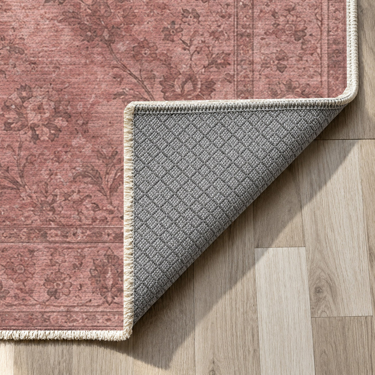 Kerman Cloud Rose Pink Vintage Washable Rug — backing close up