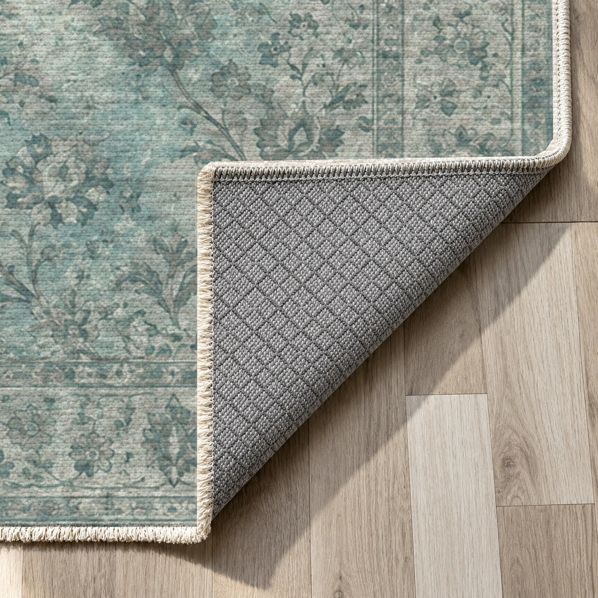 Kerman Cloud Turquoise Blue Vintage Washable Rug — backing close up
