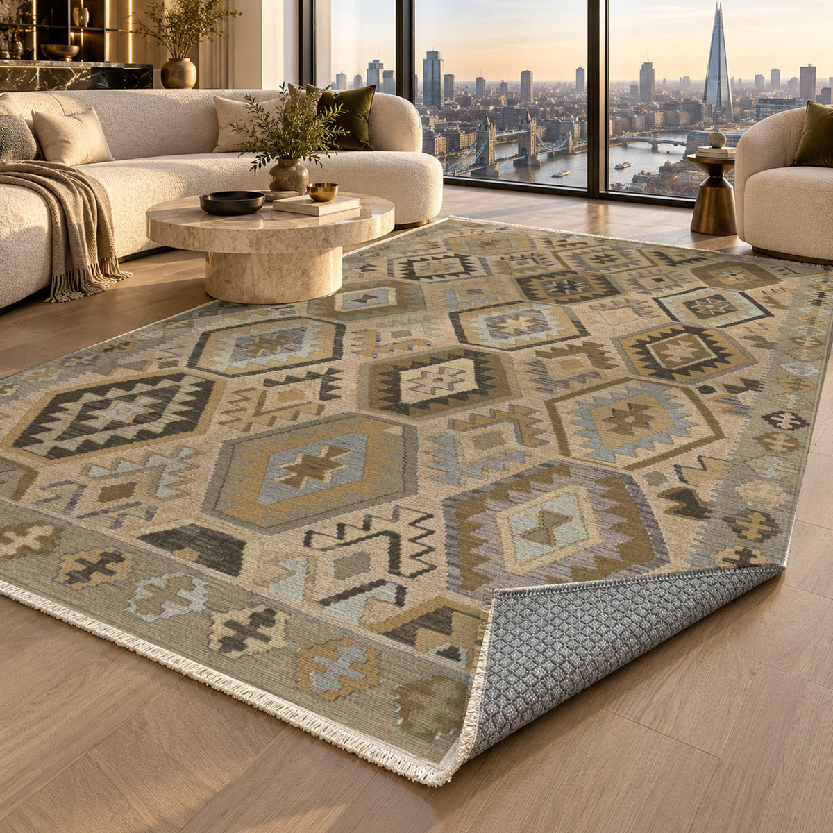 Kilim Hex Beige Ethnic Washable Rug — london luxury living