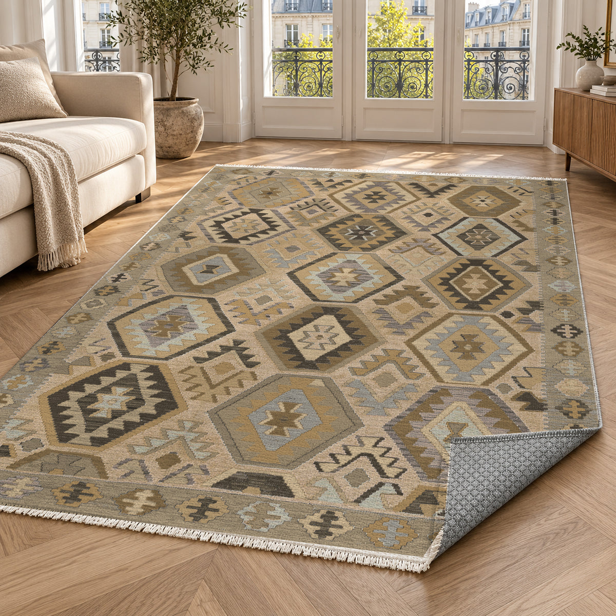 Kilim Hex Beige Ethnic Washable Rug — paris living